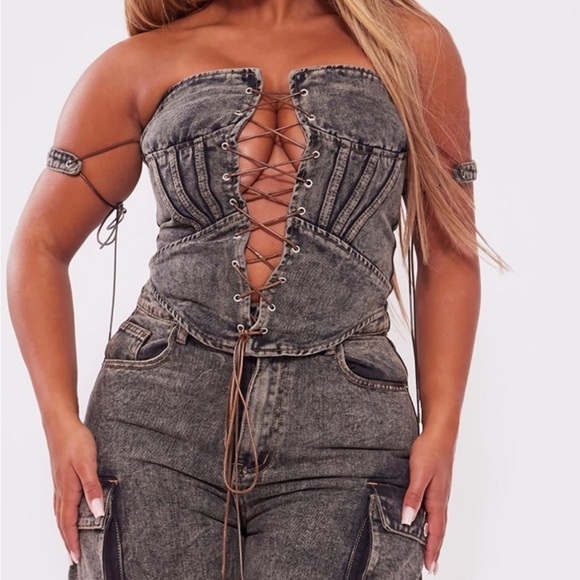 Pretty Little Thing Stylish Lace-Up Denim Corset Top - Picture 1 of 4